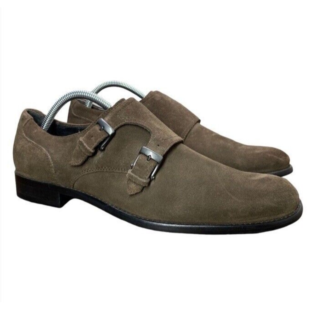John Varvatos Double Buckle Monk's Shoe Casual 8.5 Made in ITALY Brown Suede EUC
